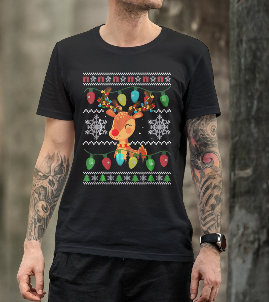 Deer Ugly Christmas Sweater Style Santa Hat Snowflakes Holiday Lights T-Shirt