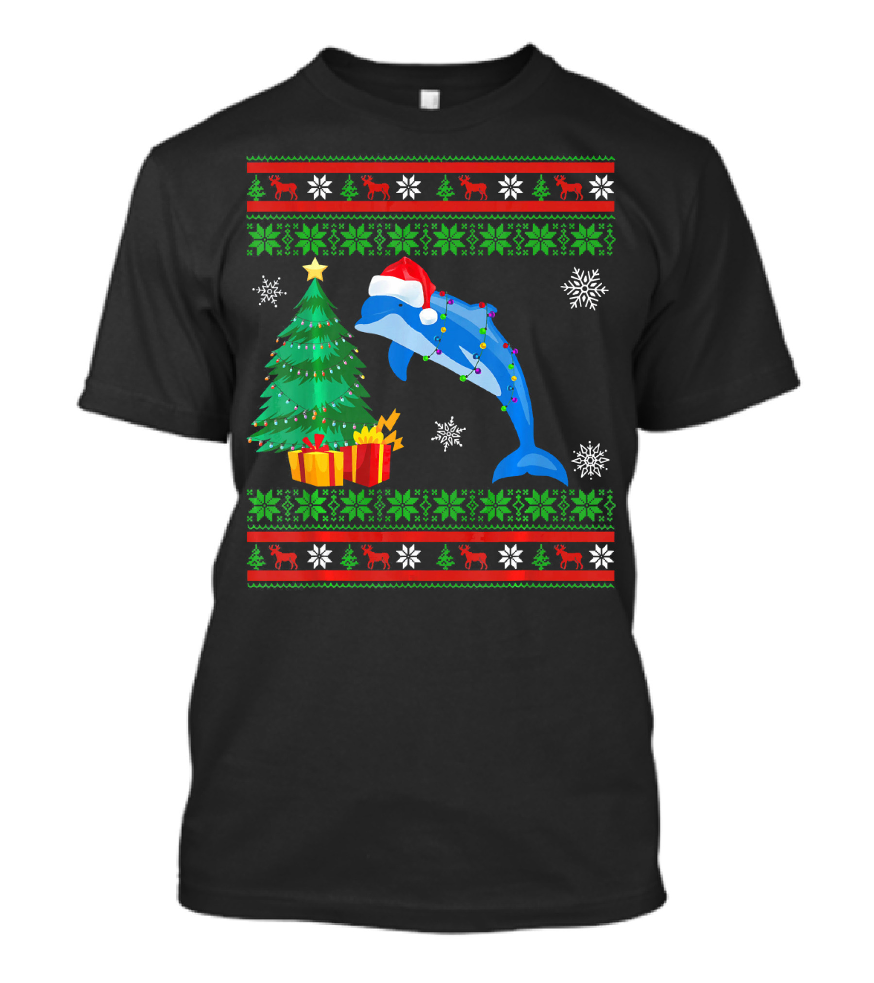 Dolphin Christmas Decorations With Tree And Santa Hat T-Shirt