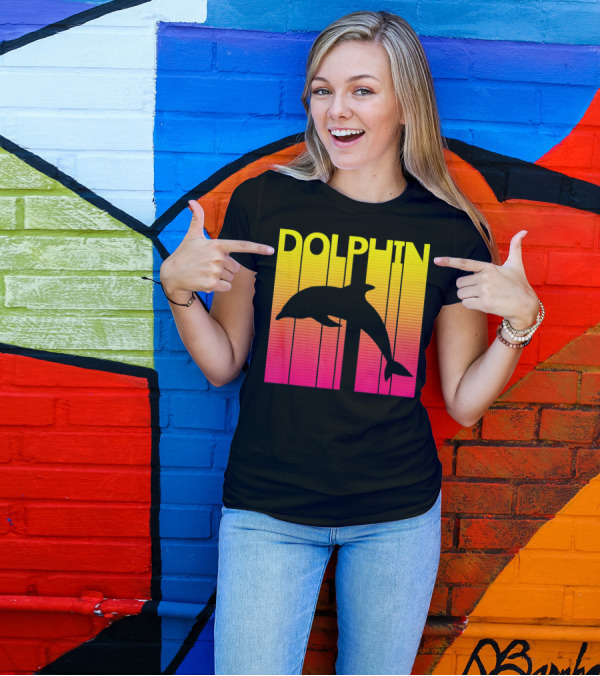 1980s Retro Dolphin Sunset Stripe Animal Lover T-Shirt