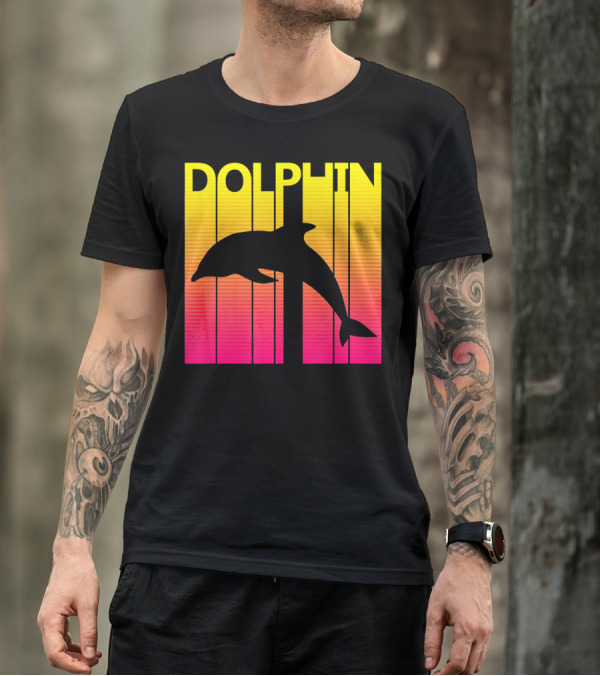 1980s Retro Dolphin Sunset Stripe Animal Lover T-Shirt