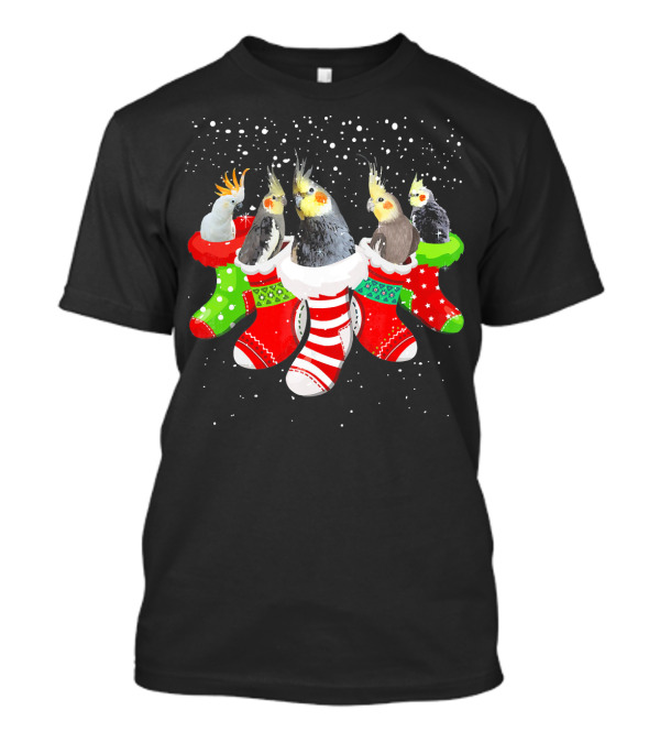 Christmas Cockatoos In Festive Stockings Snowy Scene For Bird Lovers T-Shirt