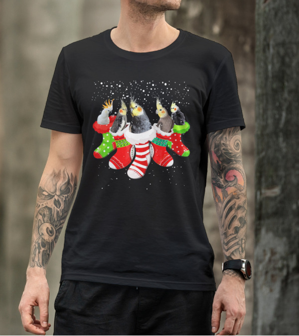 Christmas Cockatoos In Festive Stockings Snowy Scene For Bird Lovers T-Shirt