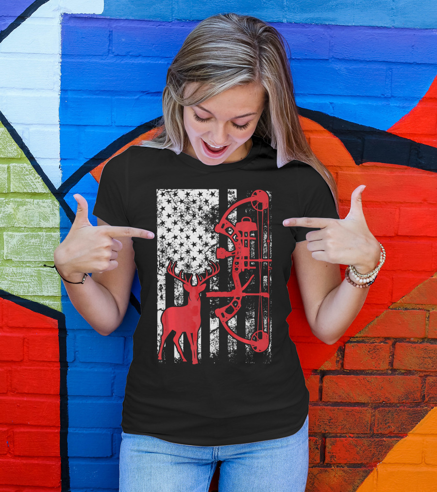 Bow Hunting Deer American Flag I Love Archery T-Shirt