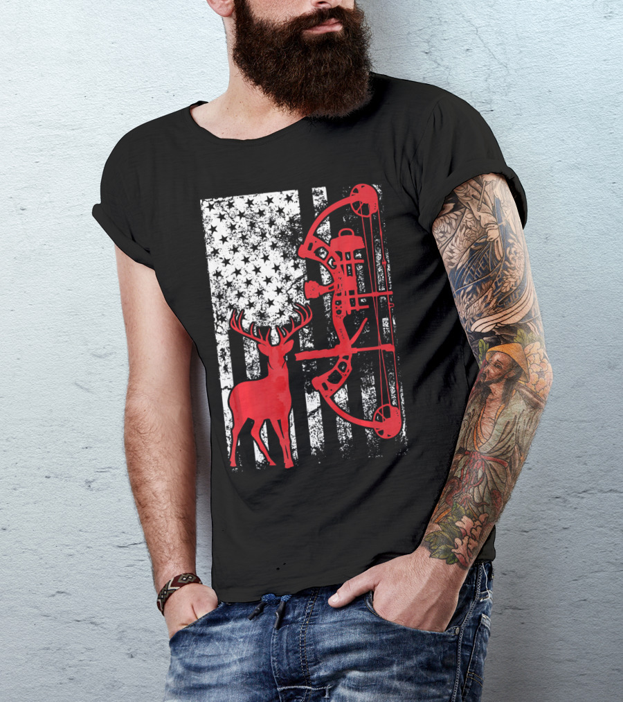Bow Hunting Deer American Flag I Love Archery T-Shirt