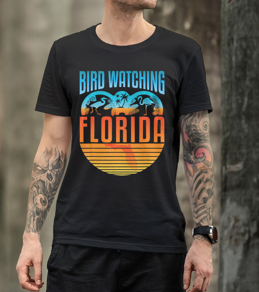 Bird Watching Florida Flamingo Logo Sunset Scene T-Shirt
