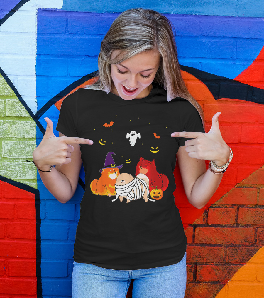 Pomeranian Witch Devil Mummy Ghost Pumpkin Bats T-Shirt