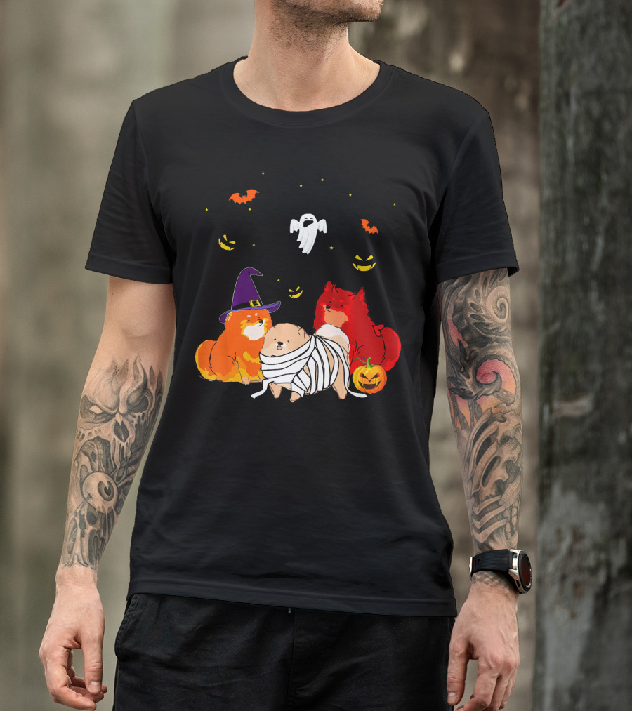 Pomeranian Witch Devil Mummy Ghost Pumpkin Bats T-Shirt