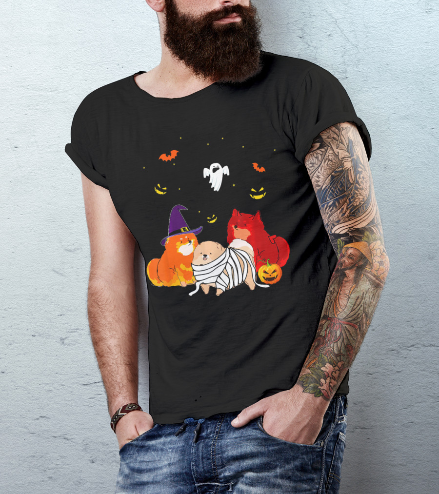 Pomeranian Witch Devil Mummy Ghost Pumpkin Bats T-Shirt