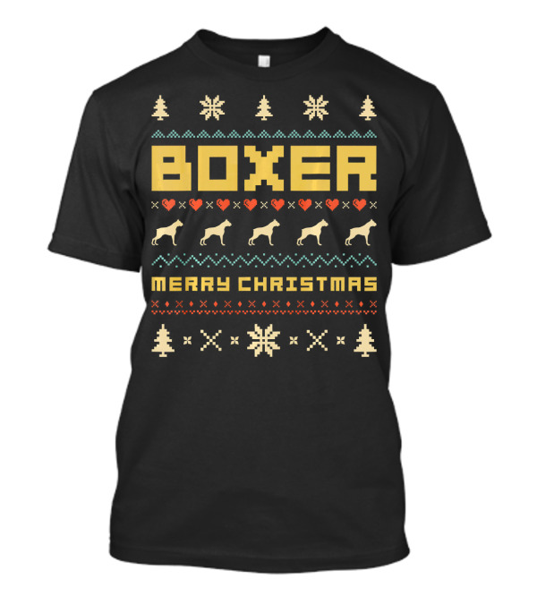 Retro 1970s Style BOXER Dog Merry Christmas Snowflakes Trees Hearts T-Shirt