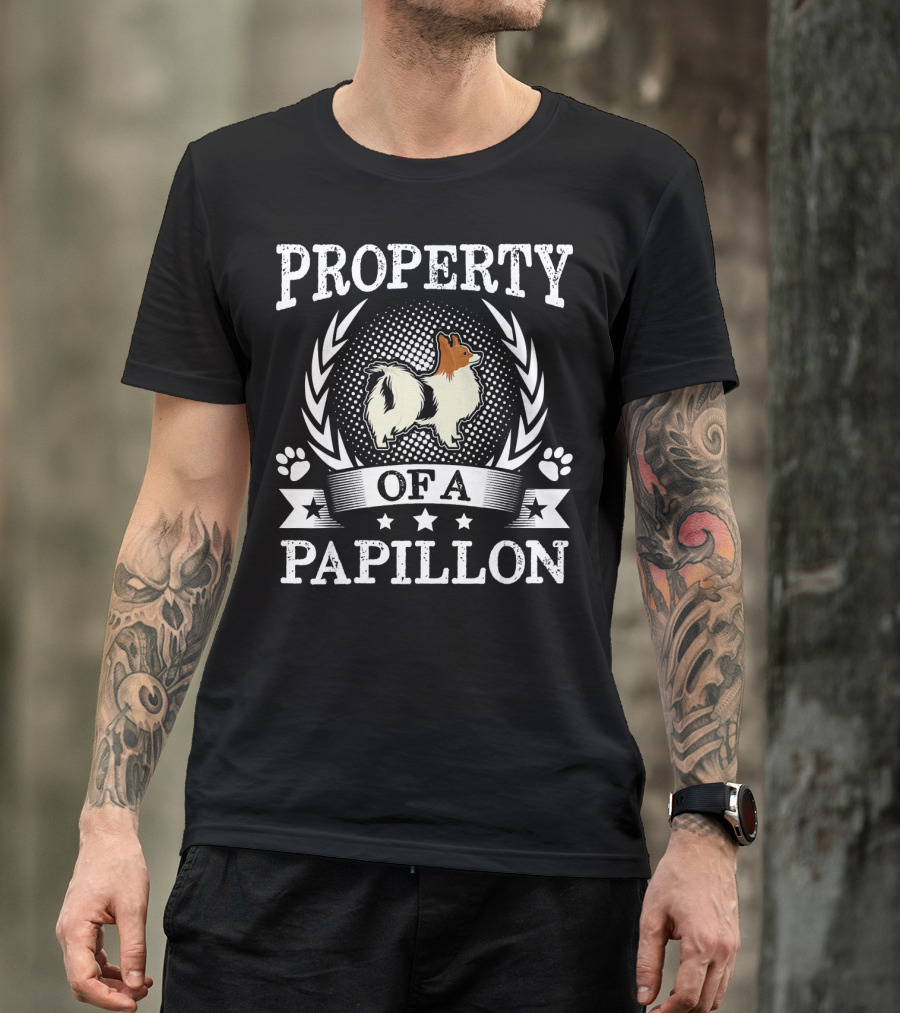 Property Of A Papillon Dog With Paw Print Wreath And Stars T-Shirt
