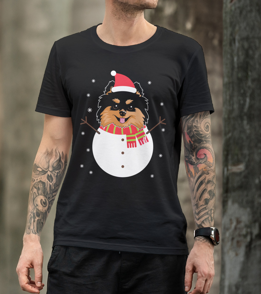 Pomeranian Funny Snowman Christmas Holiday Dog In Santa Hat And Scarf T-Shirt