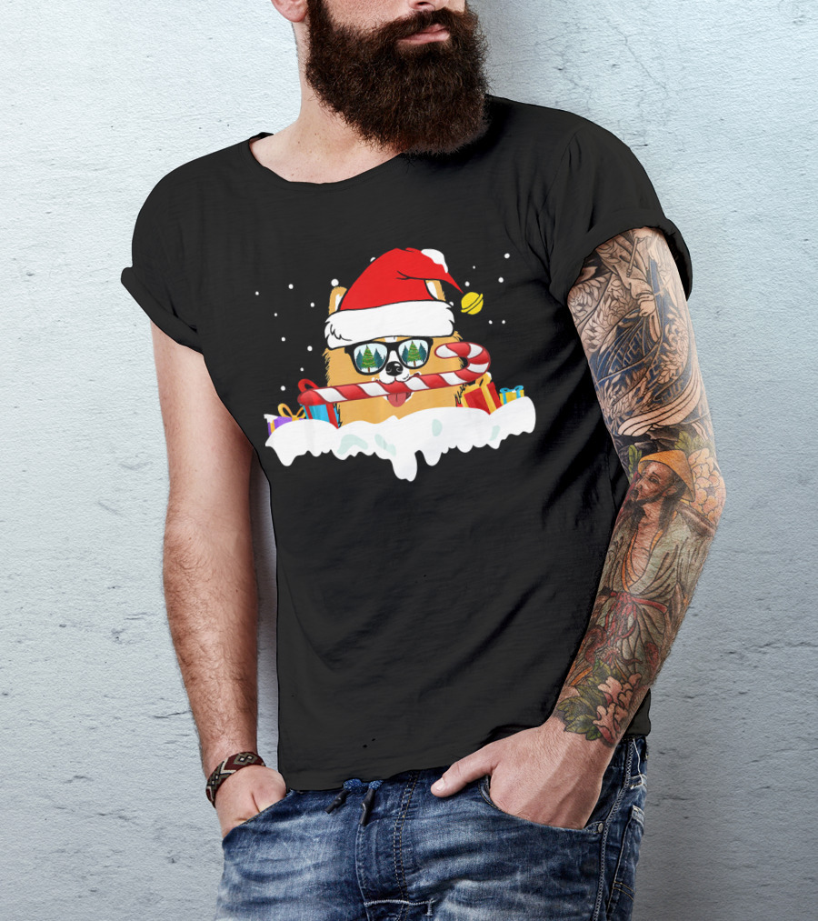 Pomeranian Santa With Candy Cane And Christmas Gifts Snow Scene T-Shirt