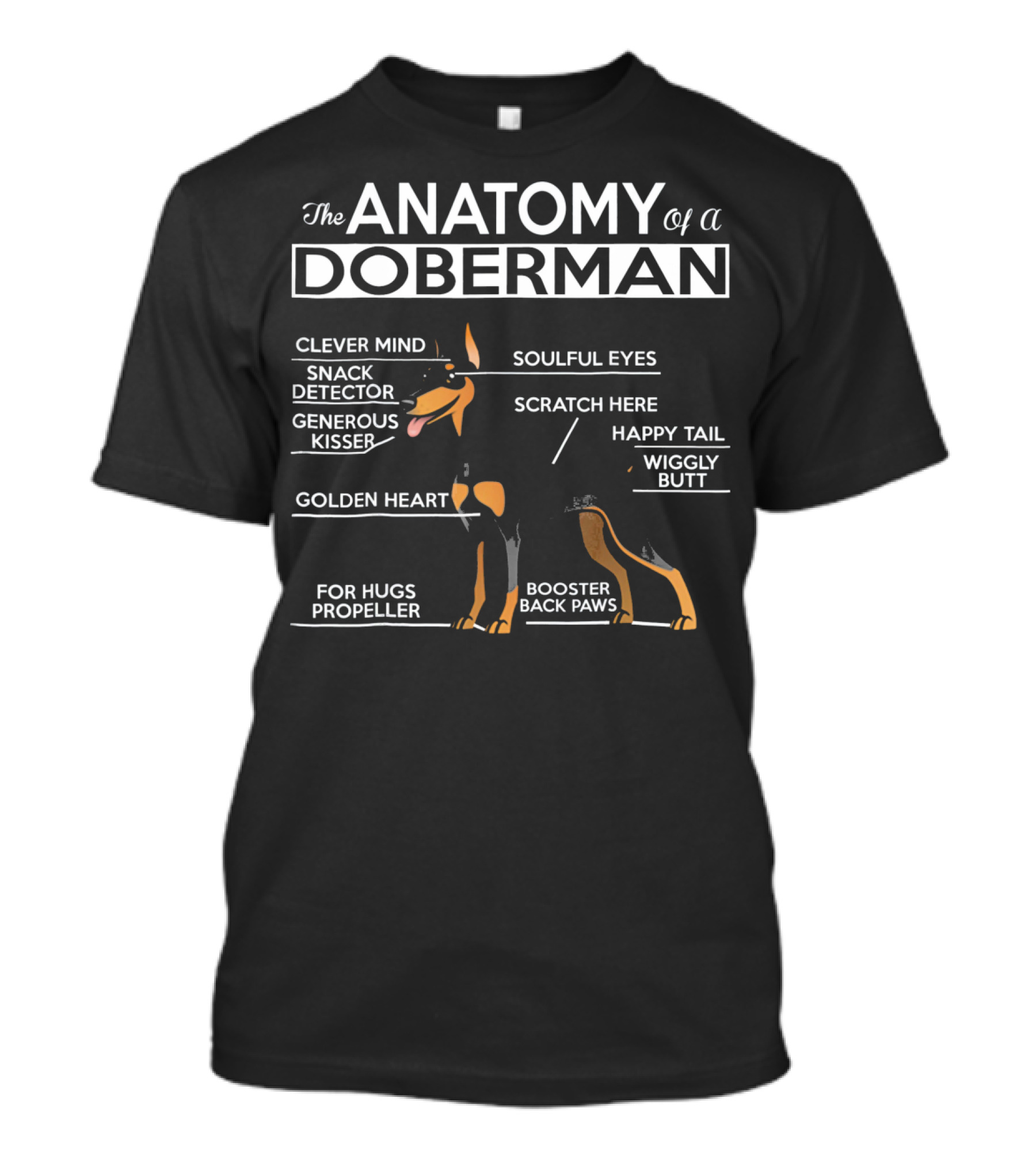 The Anatomy Of A Doberman Clever Mind Soulful Eyes Snack Detector Generous Kisser Scratch Here Happy Tail Golden Heart Wiggly Butt For Hugs Propeller Booster Back Paws T-Shirt