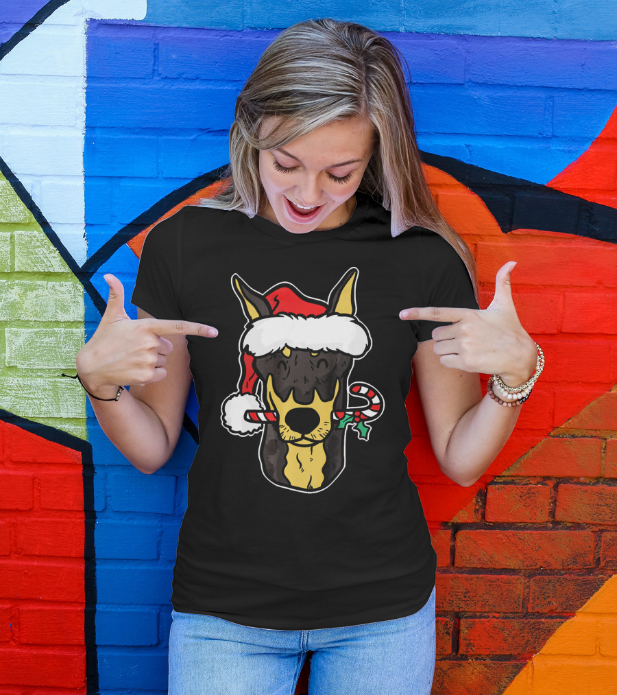 Doberman Santa Christmas Dog With Candy Cane T-Shirt