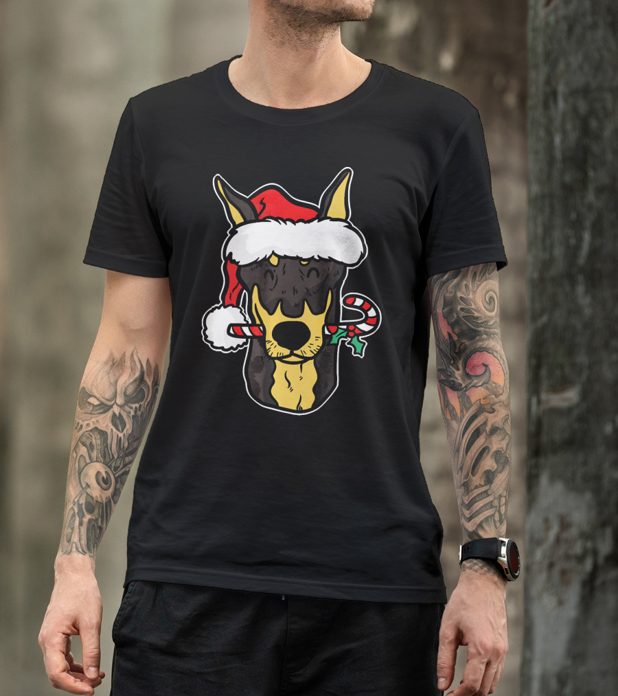Doberman Santa Christmas Dog With Candy Cane T-Shirt