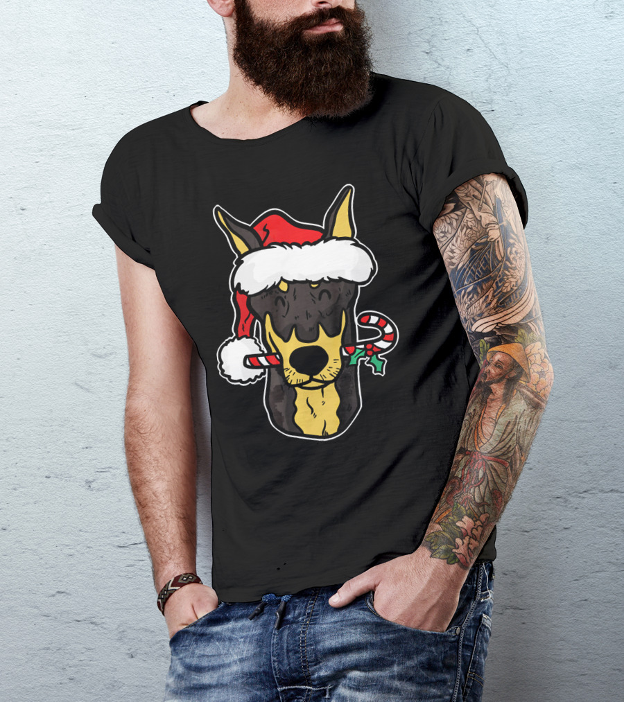 Doberman Santa Christmas Dog With Candy Cane T-Shirt