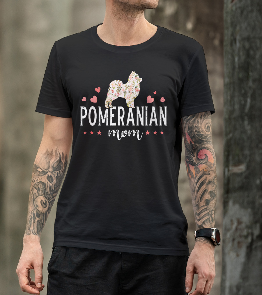 Pomeranian Mom Floral Heart Stars Pomeranian Lover T-Shirt