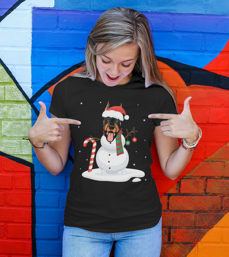 Santa Hat Doberman Snowman With Candy Cane And Noel Ornaments T-Shirt