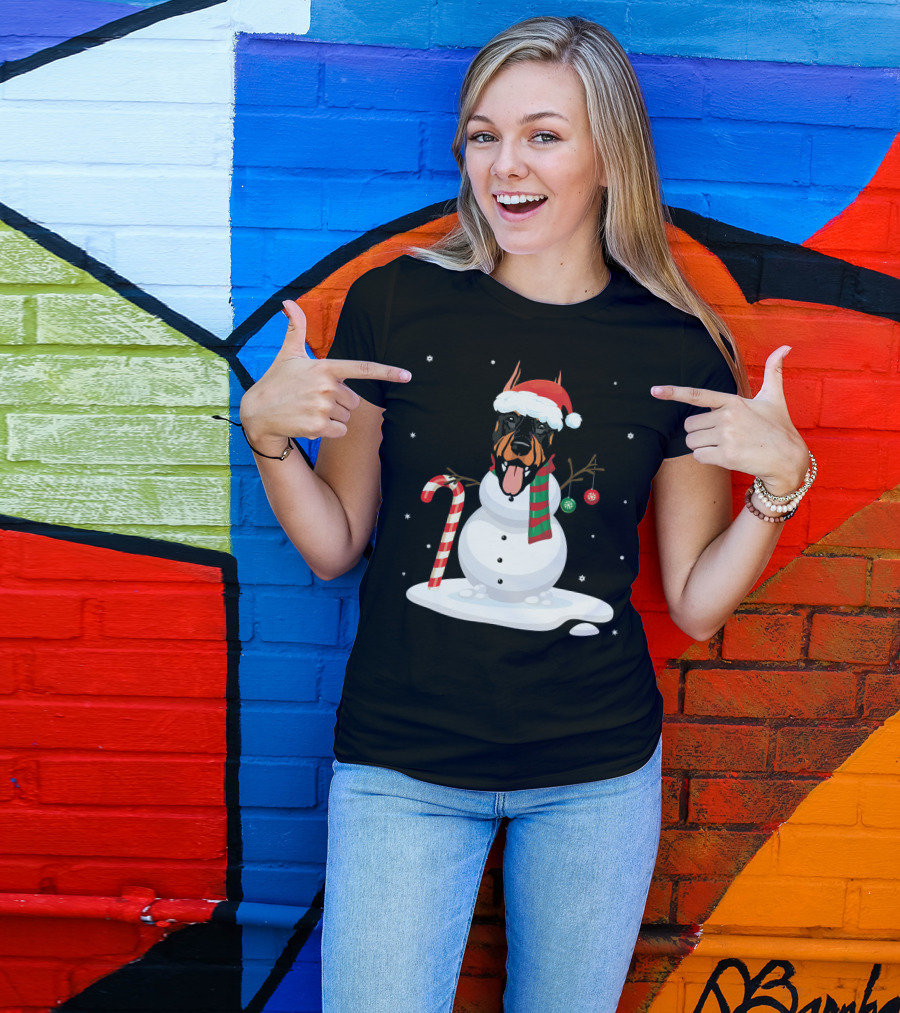Santa Hat Doberman Snowman With Candy Cane And Noel Ornaments T-Shirt