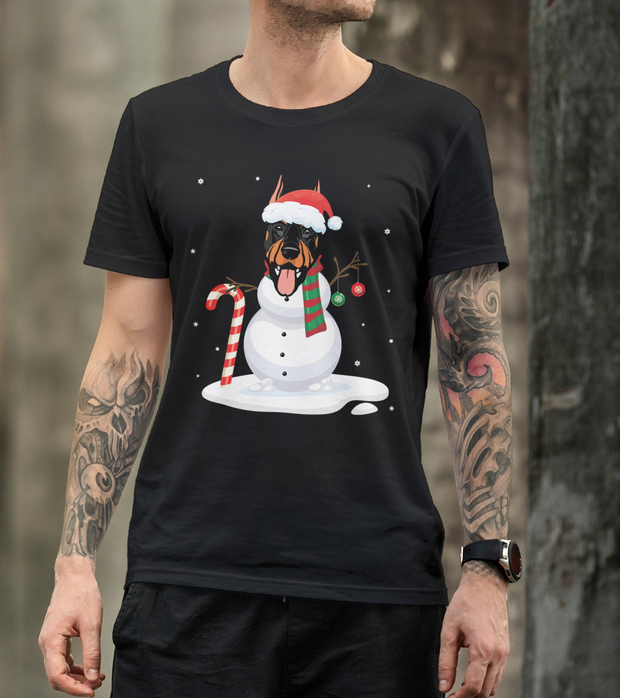 Santa Hat Doberman Snowman With Candy Cane And Noel Ornaments T-Shirt