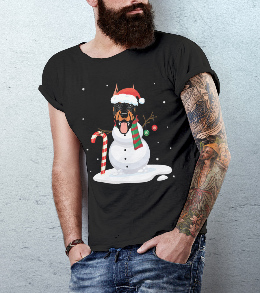 Santa Hat Doberman Snowman With Candy Cane And Noel Ornaments T-Shirt