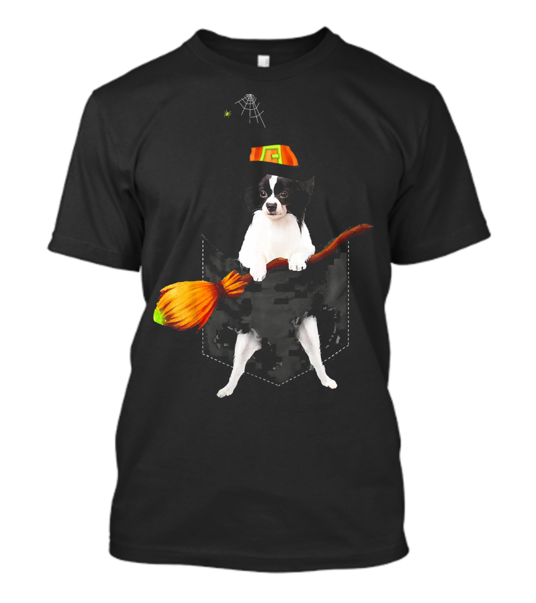 Papillon Dog In Witch Hat With Broomstick And Spider Web T-Shirt
