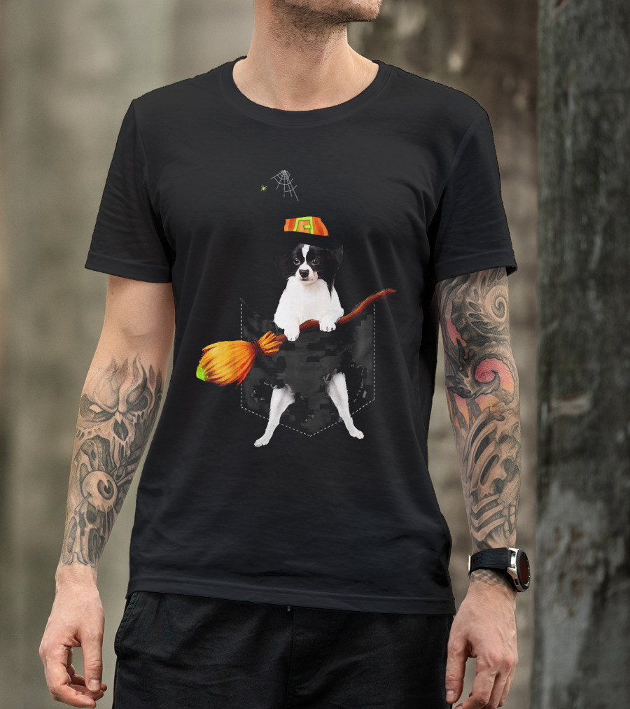 Papillon Dog In Witch Hat With Broomstick And Spider Web T-Shirt