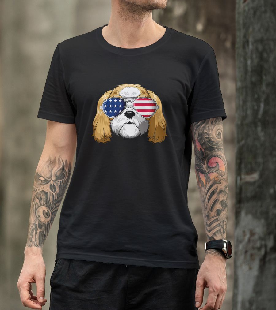 Shih Tzu Wearing American Flag Sunglasses Patriotic T-Shirt