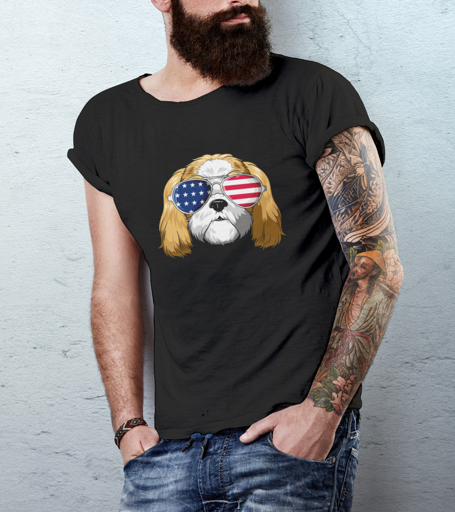 Shih Tzu Wearing American Flag Sunglasses Patriotic T-Shirt