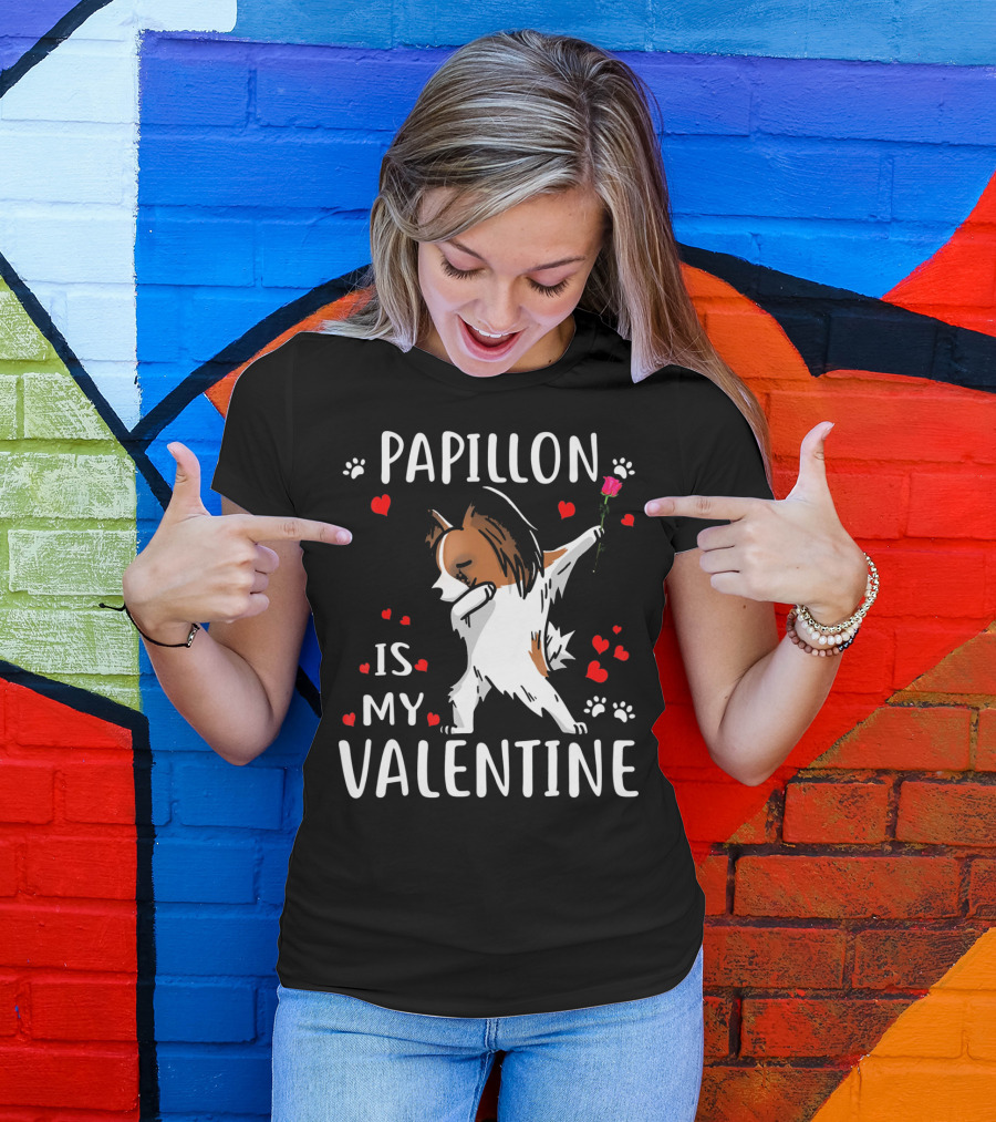Papillon Is My Valentine Dog With Hearts And Dabbing Gesture T-Shirt