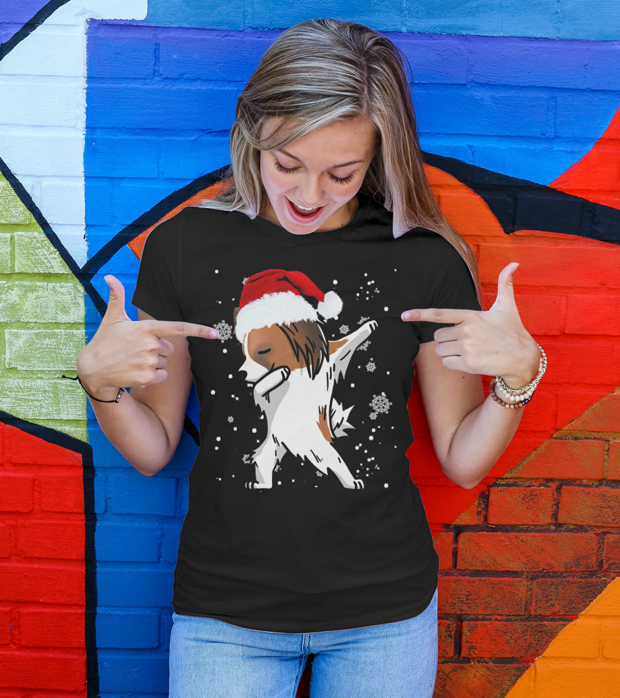 Papillon Dabbing Christmas Dog Santa Hat Snowflakes T-Shirt