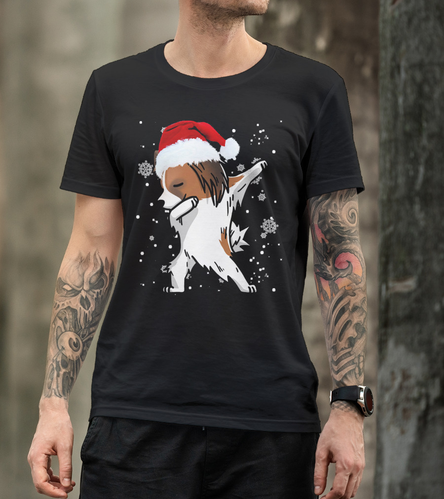Papillon Dabbing Christmas Dog Santa Hat Snowflakes T-Shirt
