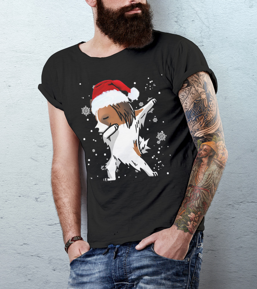 Papillon Dabbing Christmas Dog Santa Hat Snowflakes T-Shirt