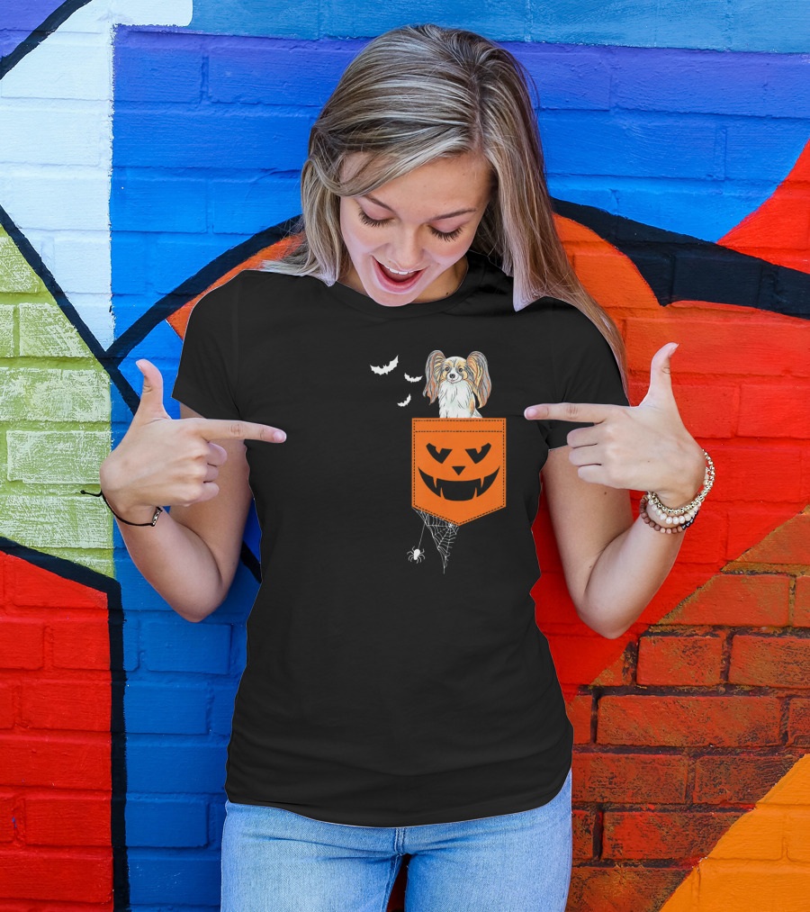 Papillon Halloween Pocket With Jack-O'-Lantern And Spider Web T-Shirt