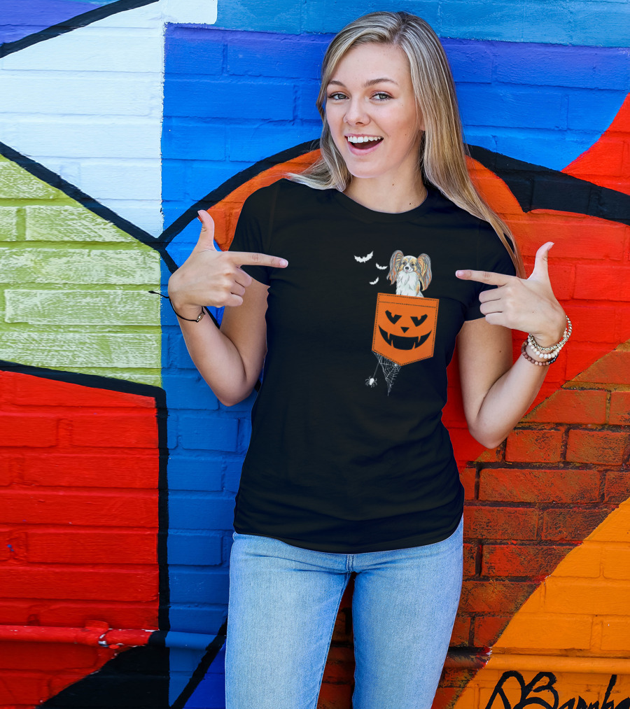 Papillon Halloween Pocket With Jack-O'-Lantern And Spider Web T-Shirt