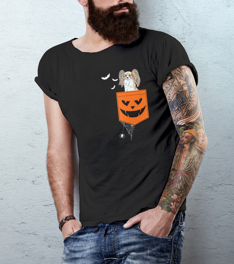 Papillon Halloween Pocket With Jack-O'-Lantern And Spider Web T-Shirt