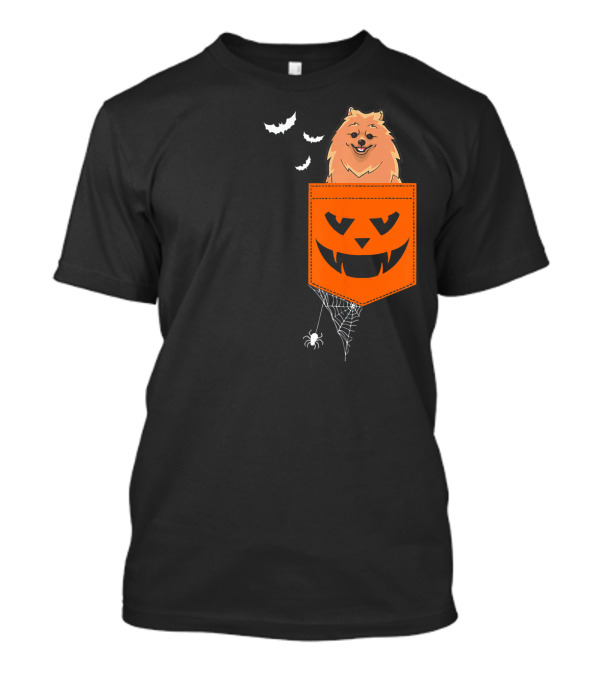 Pomeranian Halloween Jack-o'-Lantern Pocket With Spider And Bats T-Shirt