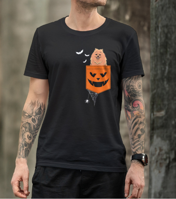 Pomeranian Halloween Jack-o'-Lantern Pocket With Spider And Bats T-Shirt