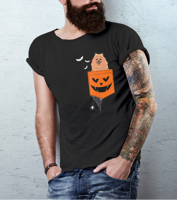 Pomeranian Halloween Jack-o'-Lantern Pocket With Spider And Bats T-Shirt