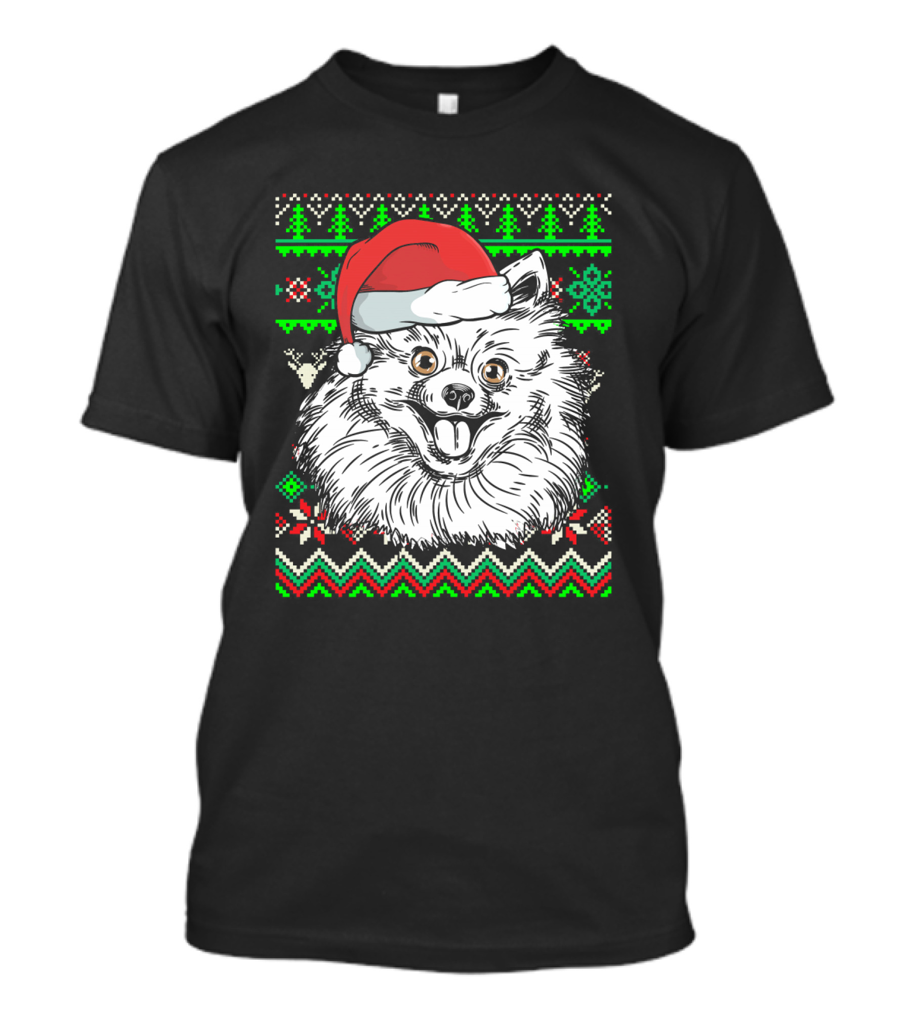 Pomeranian Dog Ugly Christmas Sweater Santa Hat Holiday T-Shirt