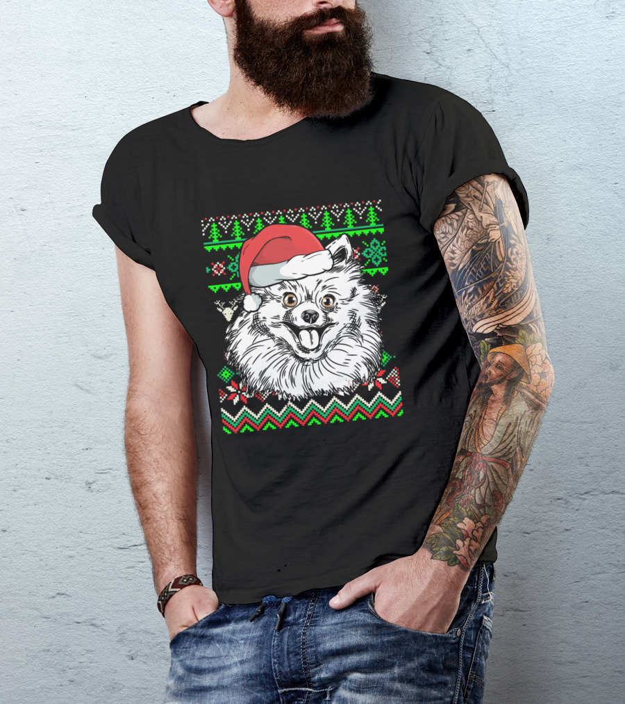 Pomeranian Dog Ugly Christmas Sweater Santa Hat Holiday T-Shirt