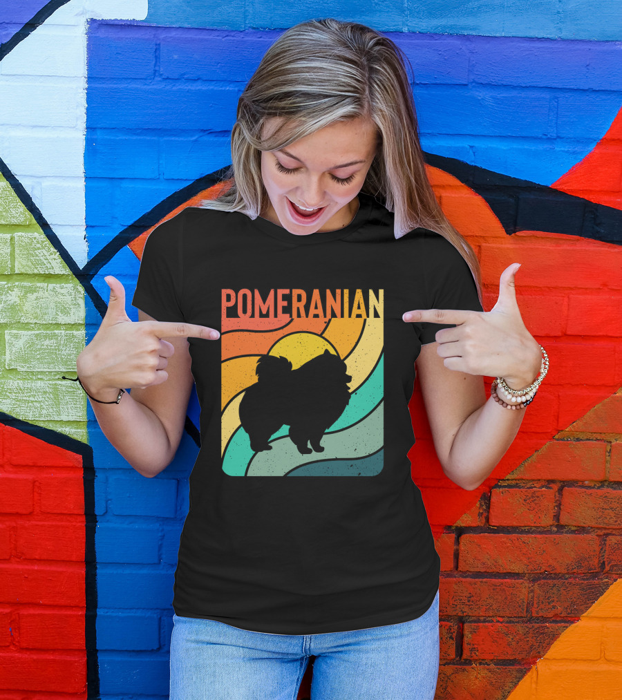 Pomeranian Vintage Retro Pet Dog Silhouette With Colorful Waves T-Shirt