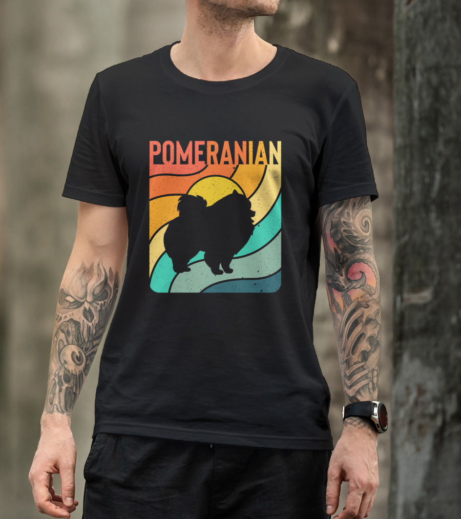 Pomeranian Vintage Retro Pet Dog Silhouette With Colorful Waves T-Shirt