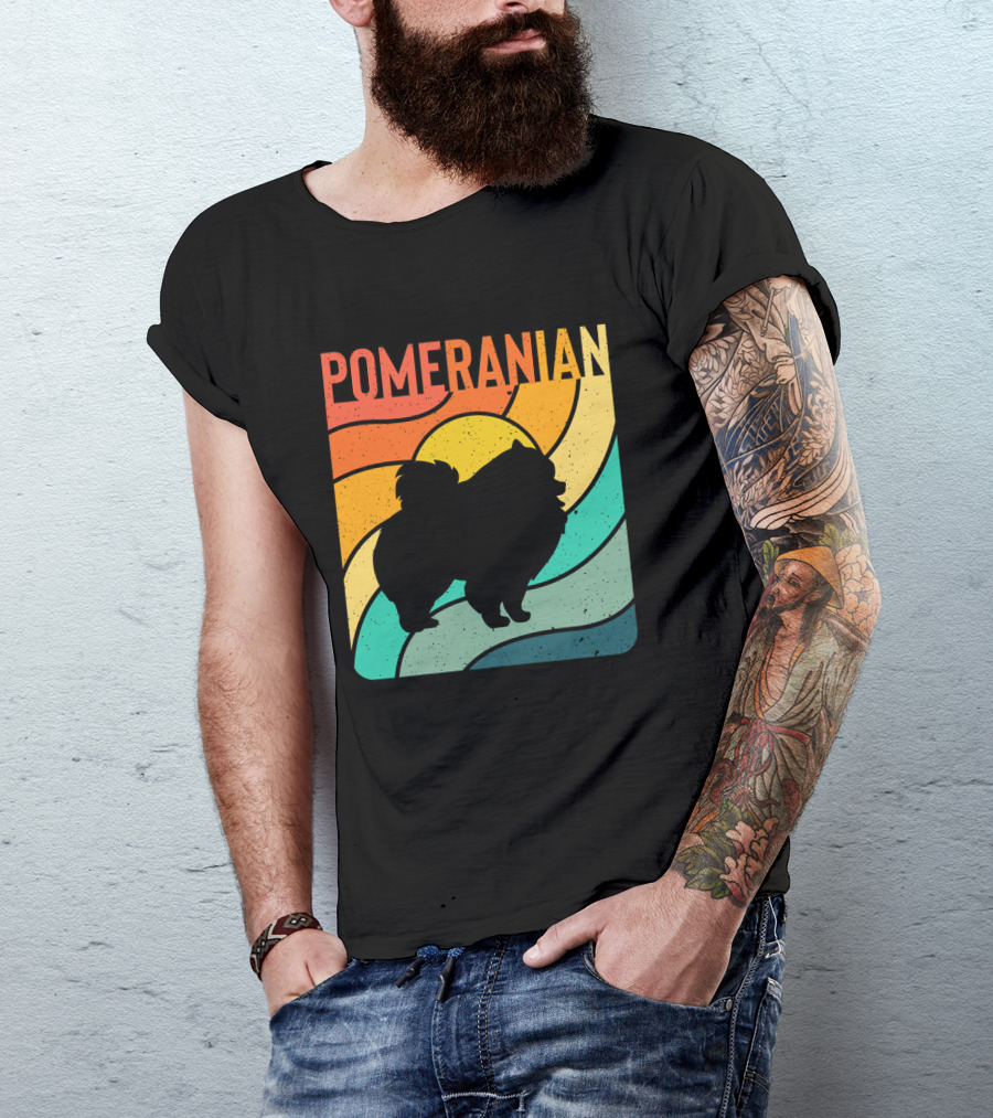 Pomeranian Vintage Retro Pet Dog Silhouette With Colorful Waves T-Shirt