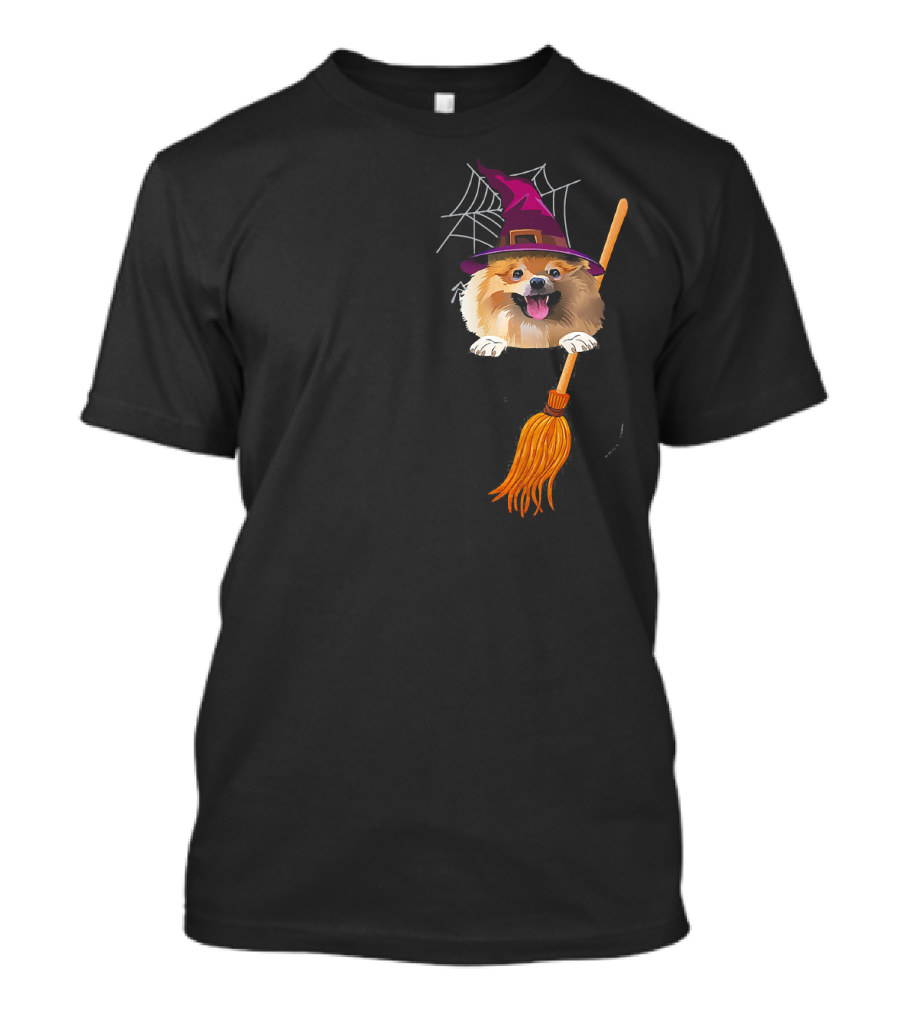 Pomeranian Witch Hat Broom Halloween Spiderweb Fun T-Shirt