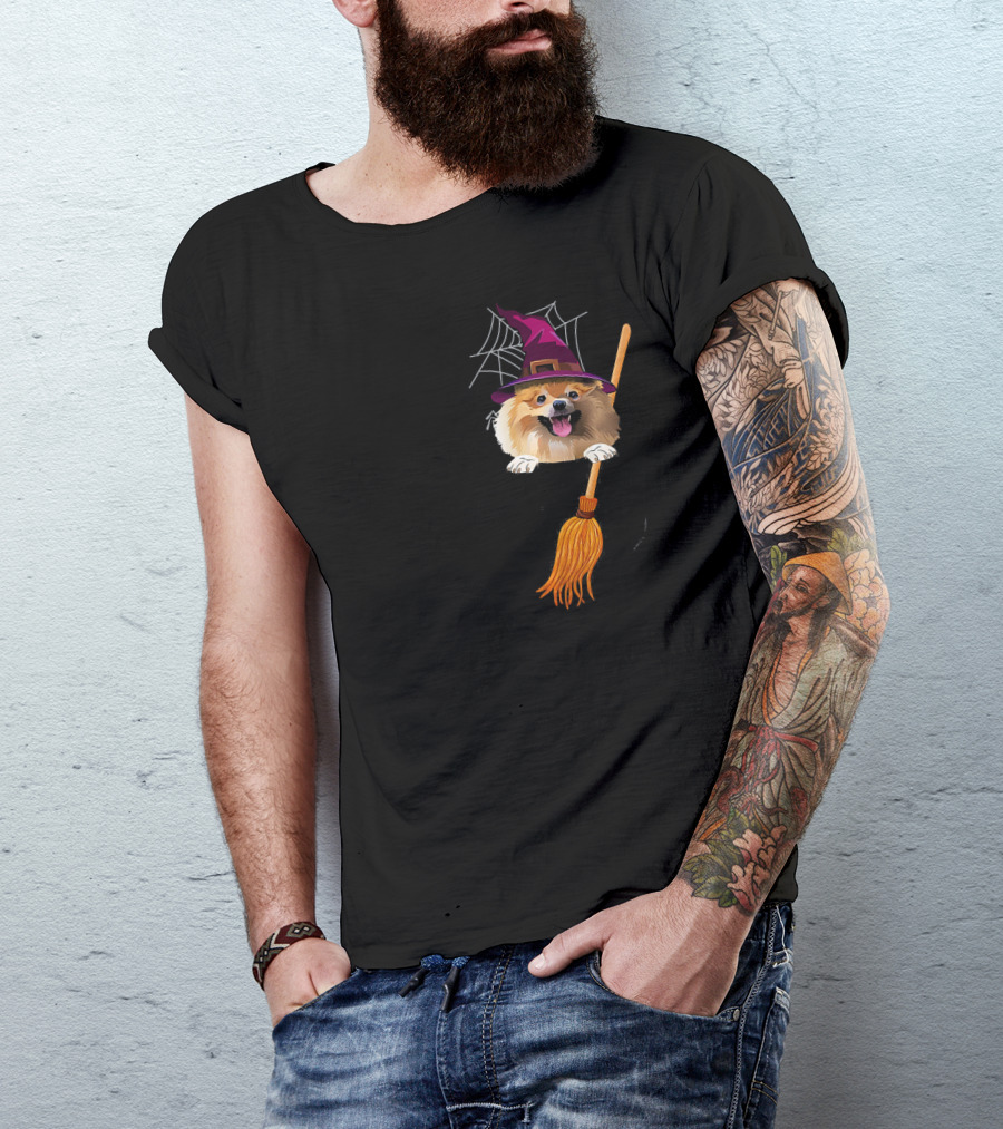 Pomeranian Witch Hat Broom Halloween Spiderweb Fun T-Shirt