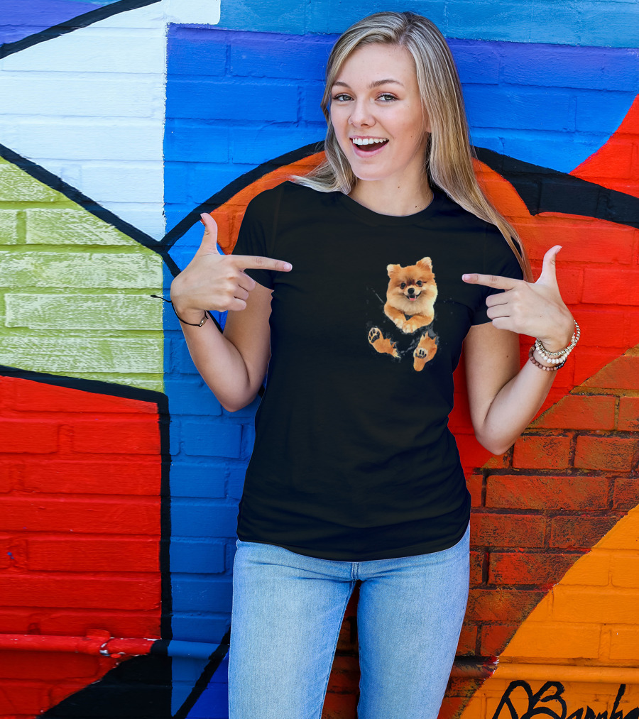 Pomeranian Puppy Peeking From Pocket T-Shirt