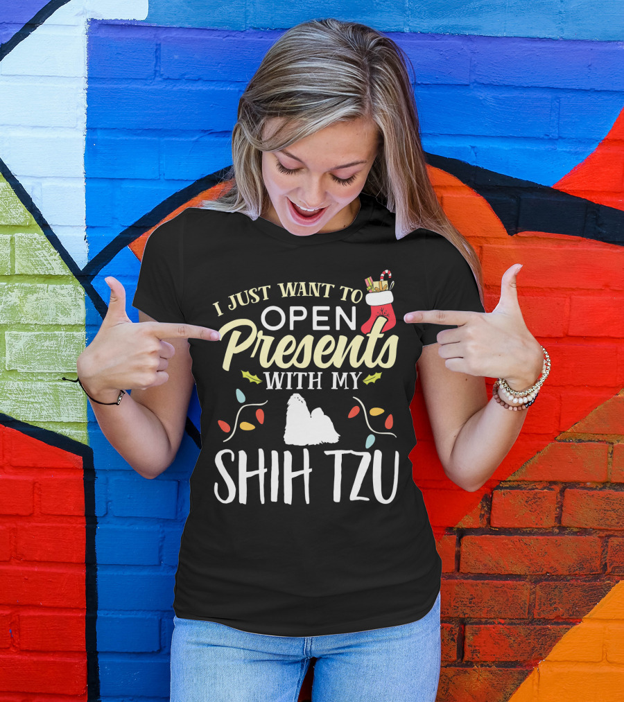 I Just Want To Open Presents With My Shih Tzu Christmas Stocking Lights T-Shirt