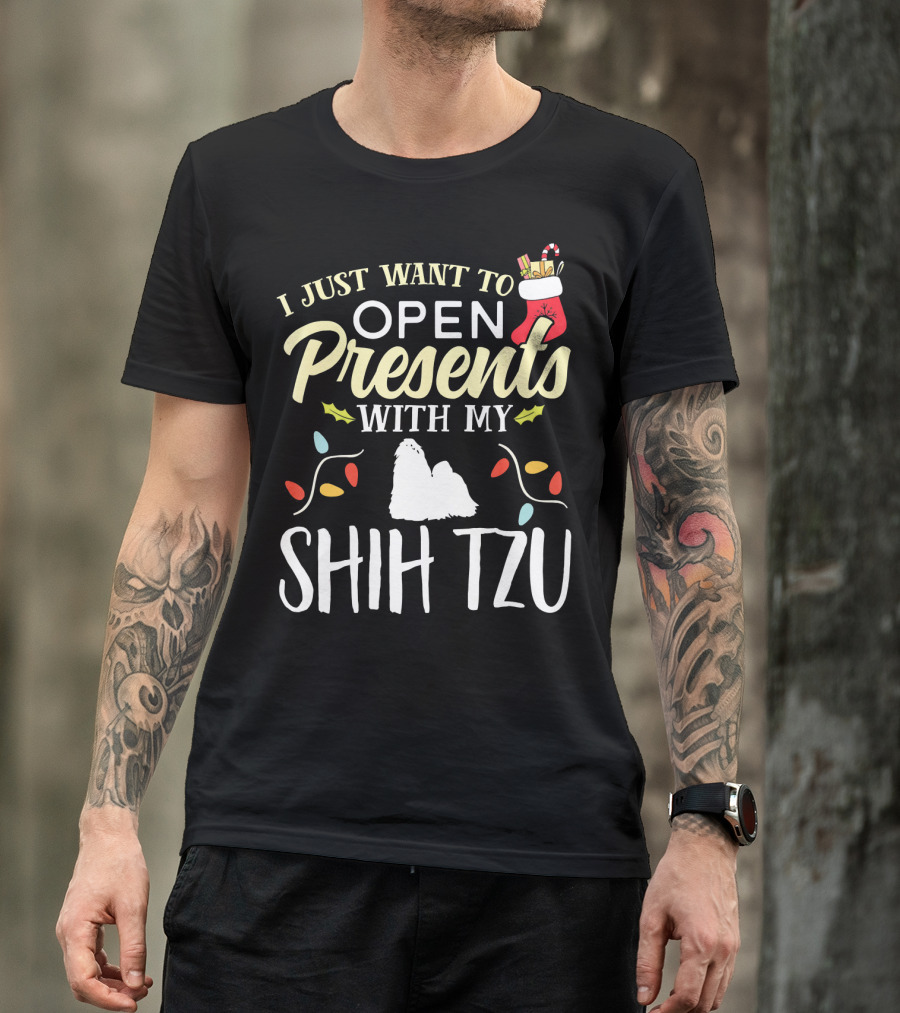 I Just Want To Open Presents With My Shih Tzu Christmas Stocking Lights T-Shirt