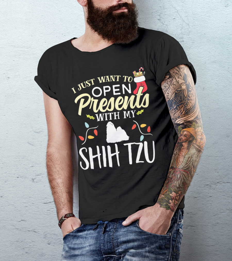 I Just Want To Open Presents With My Shih Tzu Christmas Stocking Lights T-Shirt